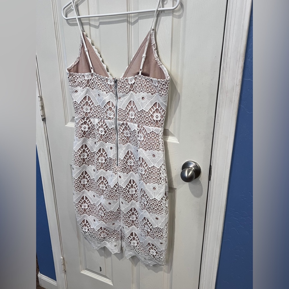 Lulus white and tan style lace overlay bodycon dress coquette fairy wedding - Picture 8 of 15